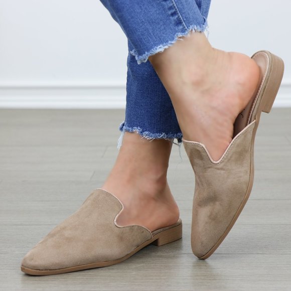 Tan Suede Pointy Toe Slip On Mule Loafers - Picture 2 of 8